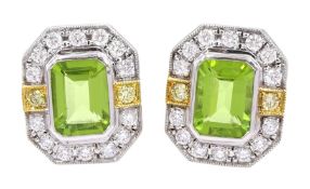 Pair of 18ct white and yellow gold emerald cut peridot and milgrain set round brilliant cut diamond
