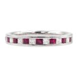 18ct white gold channel set princess cut ruby and round brilliant cut diamond half eternity ring