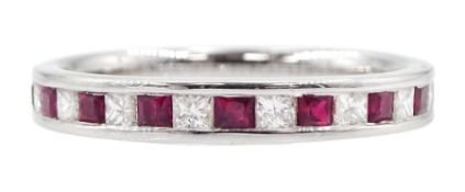18ct white gold channel set princess cut ruby and round brilliant cut diamond half eternity ring