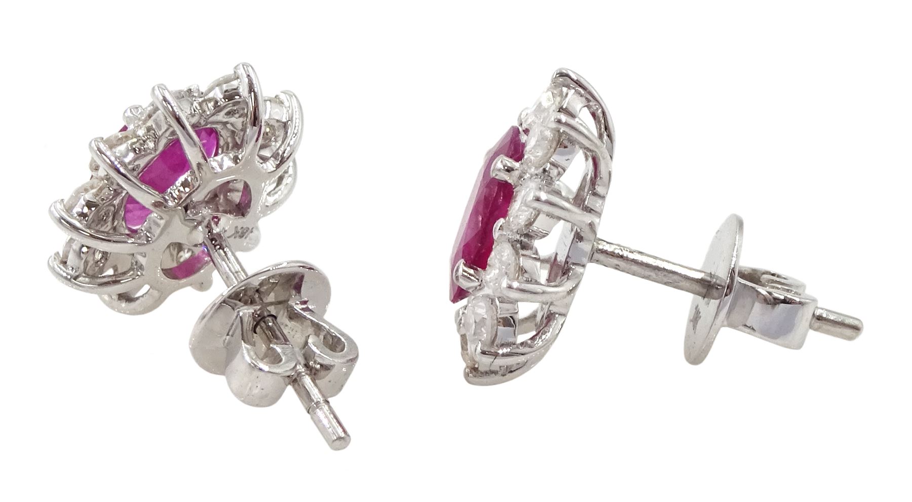 Pair of 18ct white gold oval ruby and round brilliant cut diamond cluster stud earrings - Image 2 of 3