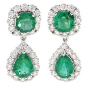 Pair of 18ct white gold emerald and round brilliant cut diamond pendant stud earrings