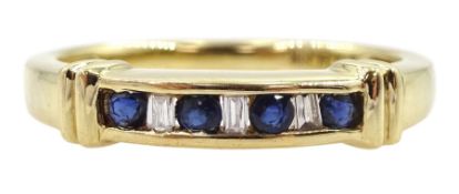 10ct gold channel set round sapphire and baguette cut diamond ring