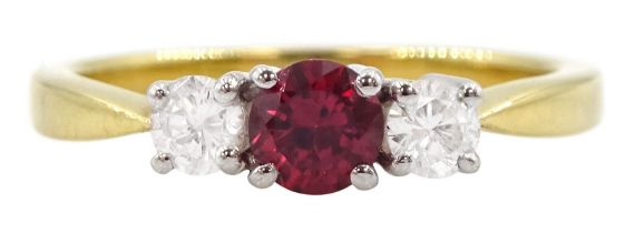 18ct gold three stone ruby and round brilliant cut diamond ring