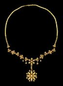Edwardian 15ct gold floral pearl and split pearl necklace