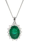 18ct white gold oval emerald and round brilliant cut diamond pendant necklace
