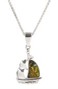 Silver green Baltic amber boat pendant necklace