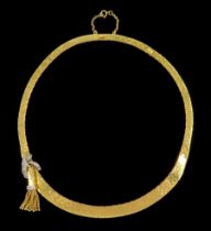 Portuguese 19ct gold brick link necklace with round brilliant cut diamond tassel decoration