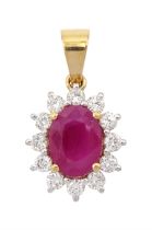 18ct gold oval ruby and round brilliant cut diamond pendant