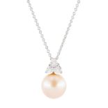 9ct white gold cultured pink / peach pearl and round brilliant cut diamond pendant necklace