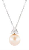 9ct white gold cultured pink / peach pearl and round brilliant cut diamond pendant necklace