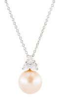 9ct white gold cultured pink / peach pearl and round brilliant cut diamond pendant necklace