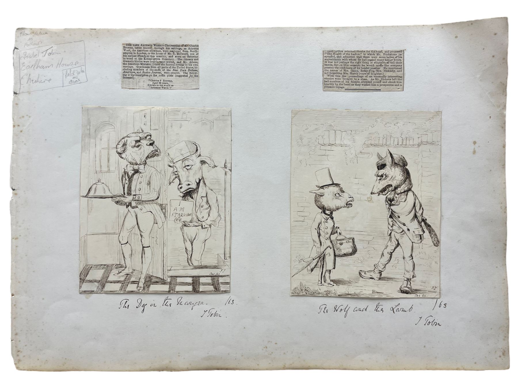 Album of Victorian sketches and caricatures with inscriptions and ephemeral cuttings 31cm x 44cm; to - Image 13 of 14