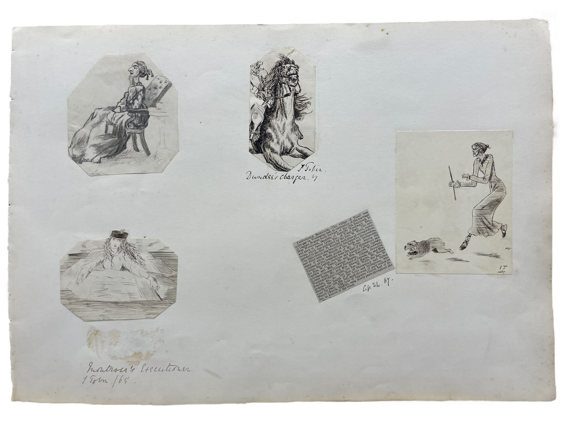 Album of Victorian sketches and caricatures with inscriptions and ephemeral cuttings 31cm x 44cm; to - Image 12 of 14