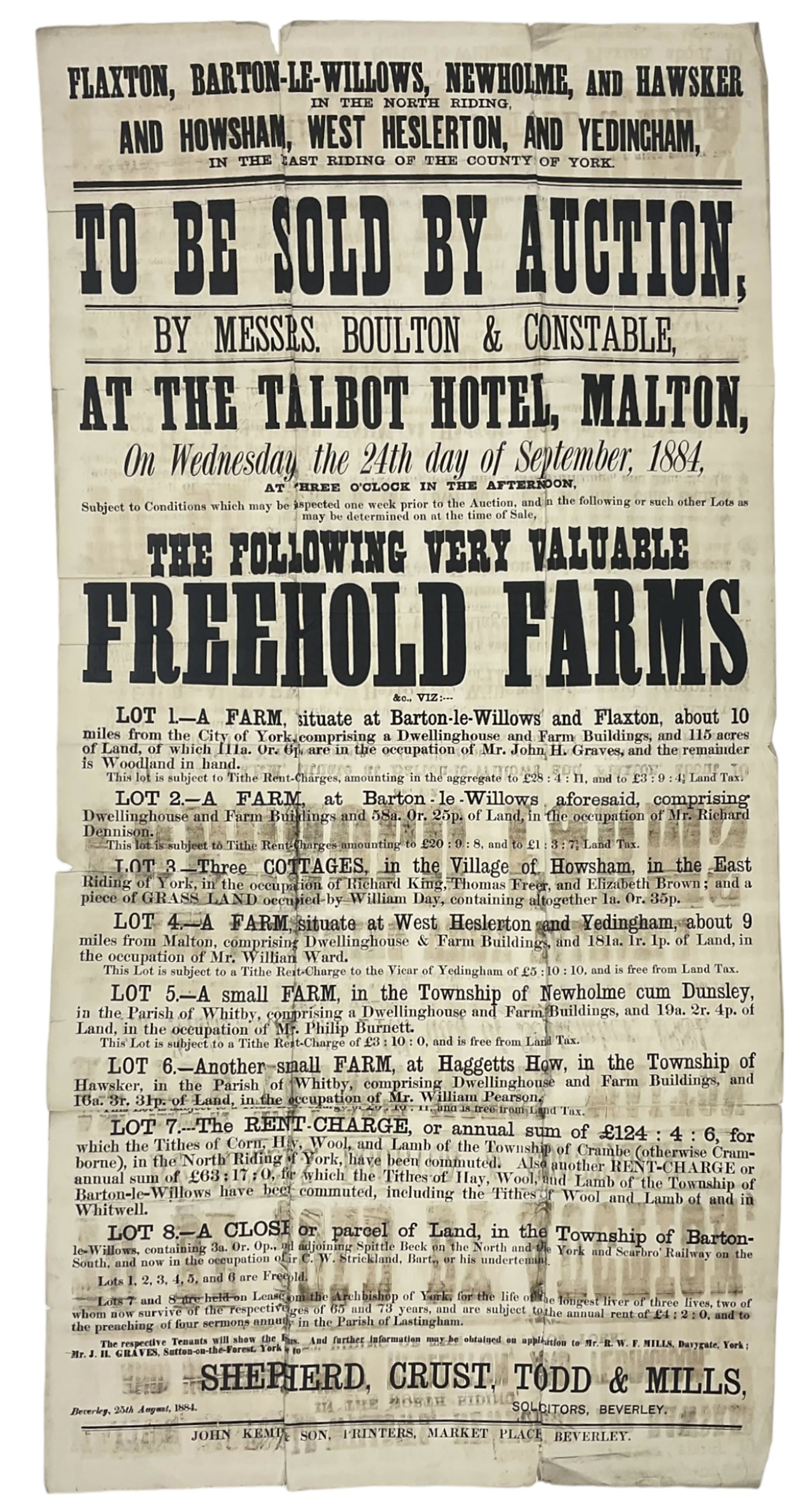 Auction poster for the sale of farms and land in Barton le Willows