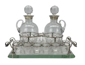 Late Victorian glass and silver mounted liqueur set comprising a rectangular glass tray with silver