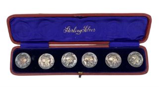 Set of six cast silver buttons of Art Nouveau design with the head of Minerva in original box Sheffi