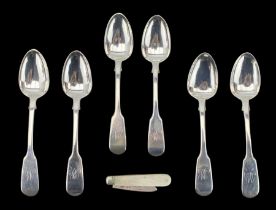 Set of six Victorian silver fiddle pattern rea spoons engraved with initial London 1841 Maker Willia