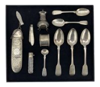 Three Victorian silver fiddle pattern dessert spoons London 1856