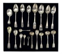 Collection of silver tea and condiment spoons including early 19th century Irish silver tea spoon ma
