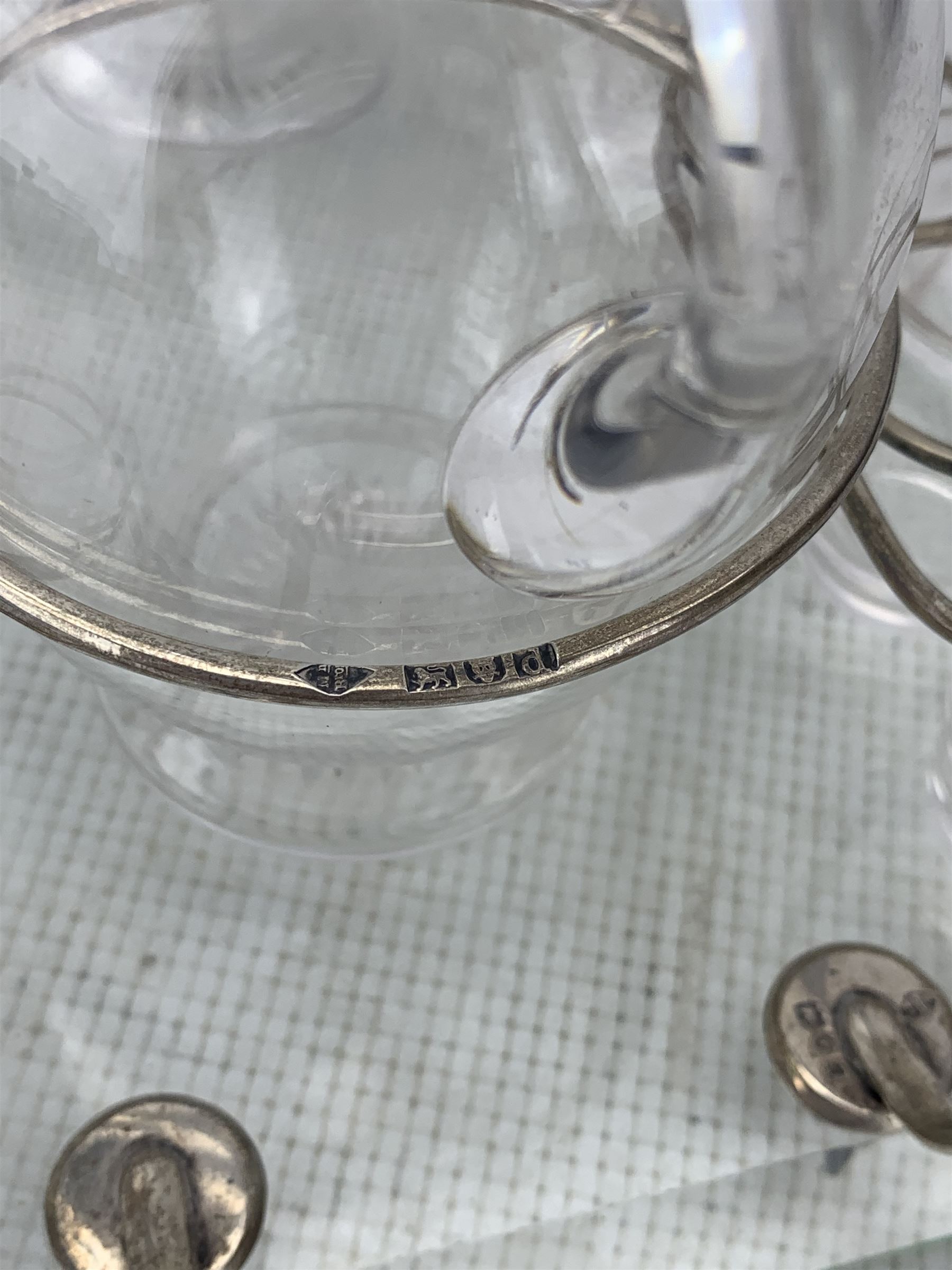 Late Victorian glass and silver mounted liqueur set comprising a rectangular glass tray with silver - Image 3 of 4