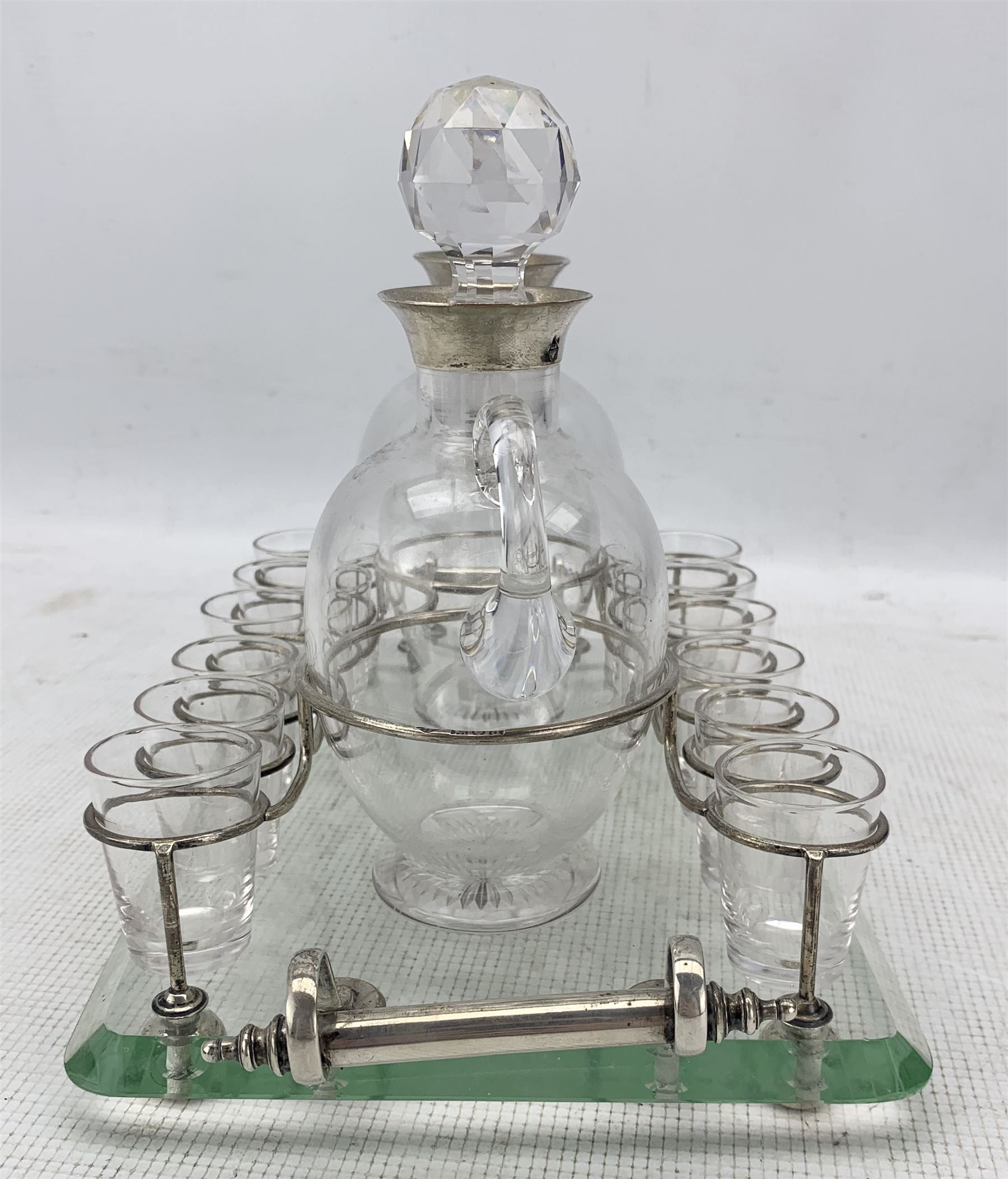 Late Victorian glass and silver mounted liqueur set comprising a rectangular glass tray with silver - Image 4 of 4