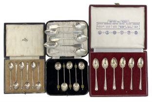 Cased set of six silver rat tail 'British Hallmarks' tea spoons with hallmarks of the six major assa