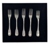 Five 19th century Dutch silver fiddle and thread pattern table forks engraved with initial 'R'