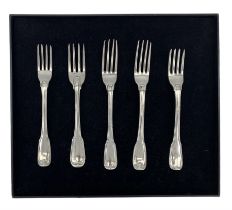 Five 19th century Dutch silver fiddle and thread pattern table forks engraved with initial 'R'