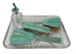 Silver mounted dressing dressing table set with blue and green enamel comprising scent sprayer