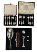 Set of six late Victorian silver teaspoons and tongs with engraved stems London 1894 Maker Josiah Wi