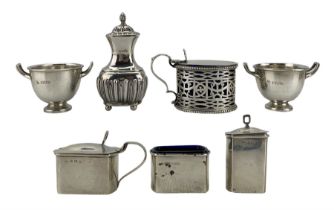 Silver three piece condiment set of rectangular design Birmingham 1933 Maker Adolph Scott