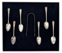 Set of six George III bright cut silver teaspoons and sugar tongs London 1801 Maker Alice & George B