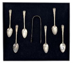 Set of six George III bright cut silver teaspoons and sugar tongs London 1801 Maker Alice & George B
