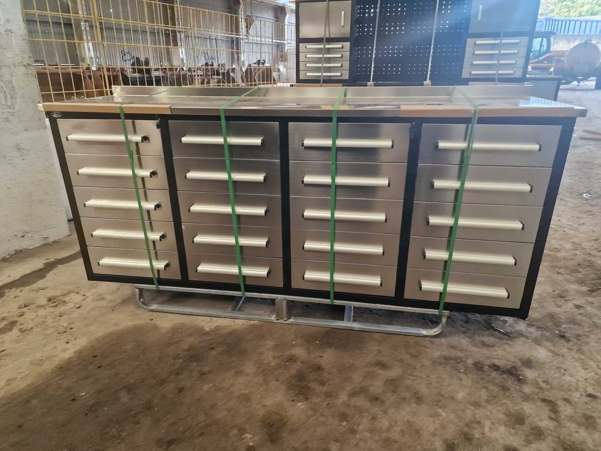 Unused 7' Work Steel Bench, 20 Drawers