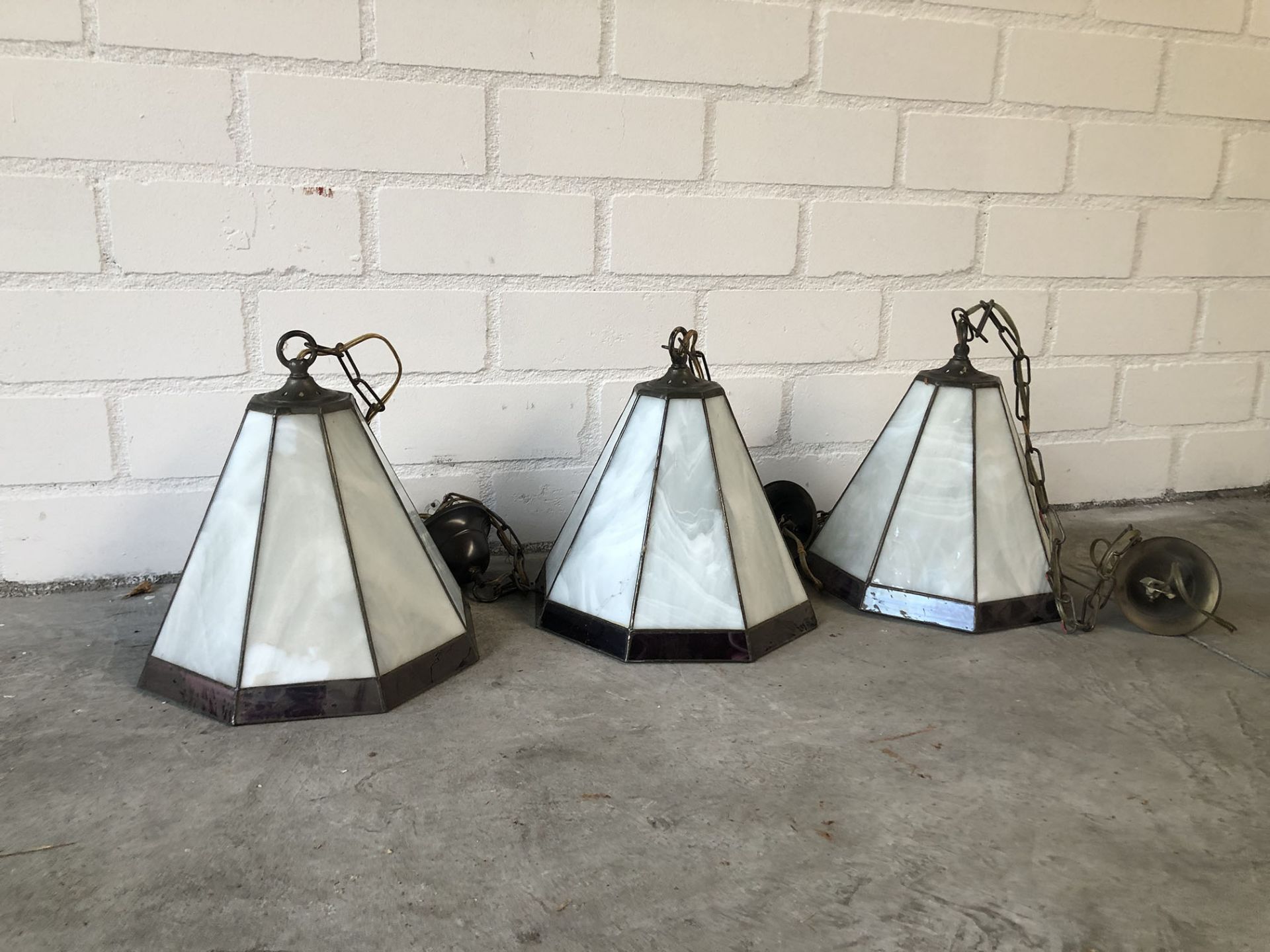 Set of 3 Stained Leaded Glass Hanging Lamps