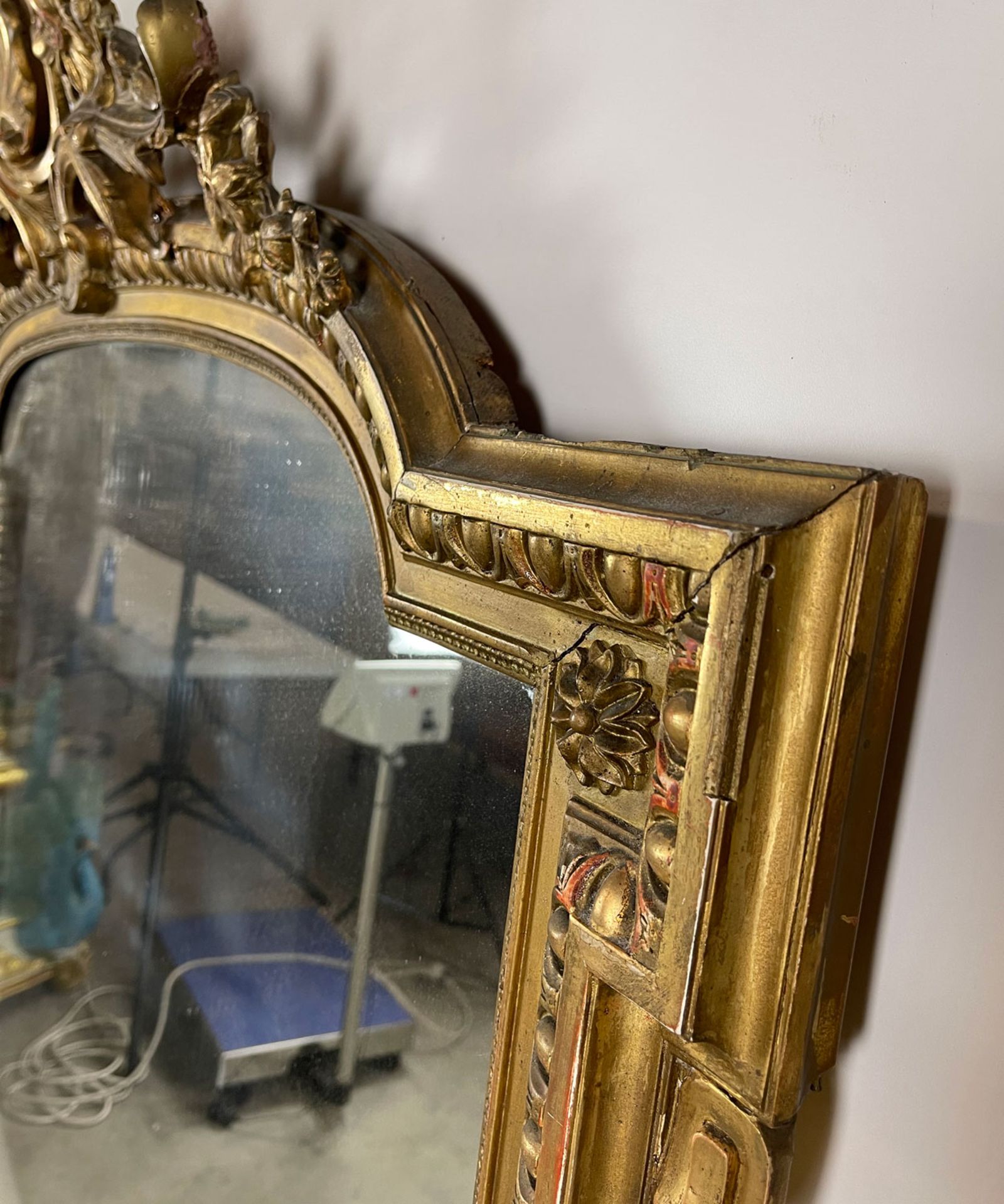 Large Antique Castle Mirror with Gilded Wooden Frame - Image 4 of 13
