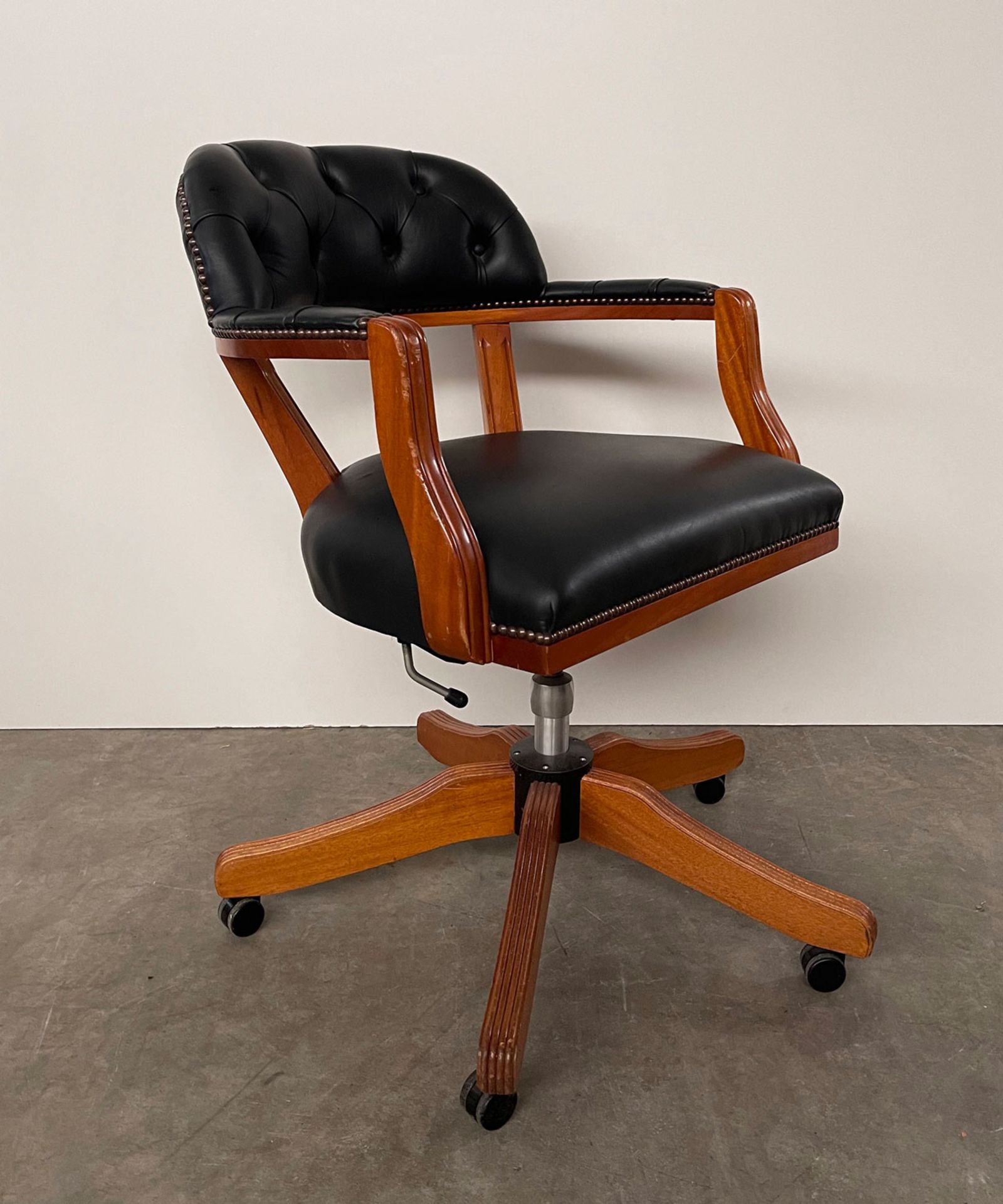 Chesterfield Style Office Chair Black Leather and Wood