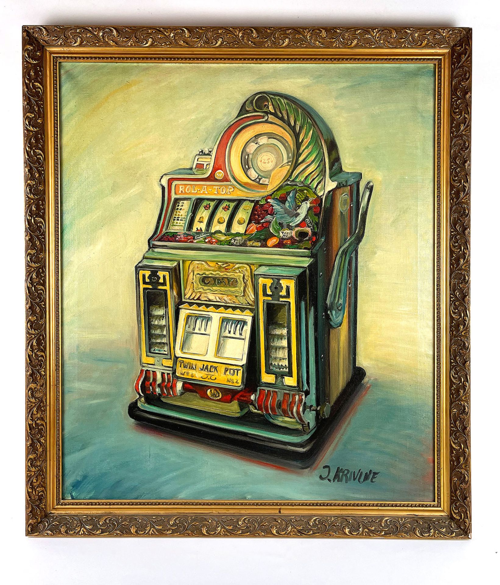 Framed J. Krivine Painting of Watling Rol-A-Top Slot Machine