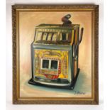 Framed J. Krivine Painting of Watling Treasury Slot Machine