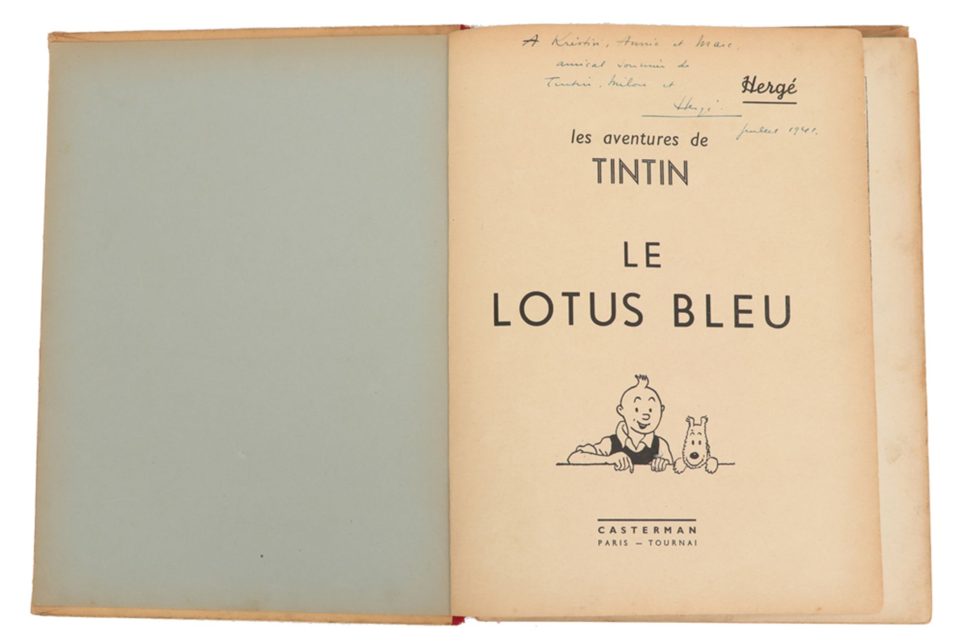 Hergé hand signed and dedicated "Tintin" - album : "Le Lotus bleu" with dedication "A Kristin, Annie - Image 2 of 7