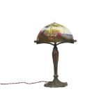 nice lamp with its base in bronze and its shade in glass with a polychrome landscape decor ||