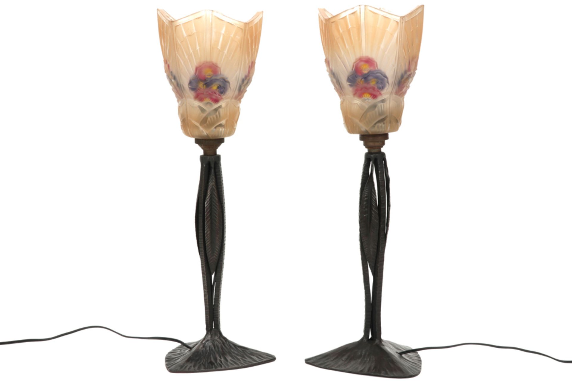 rare pair of typical "Robert" Art Deco lamps in wrought iron (of which one is marked) and - Image 2 of 4