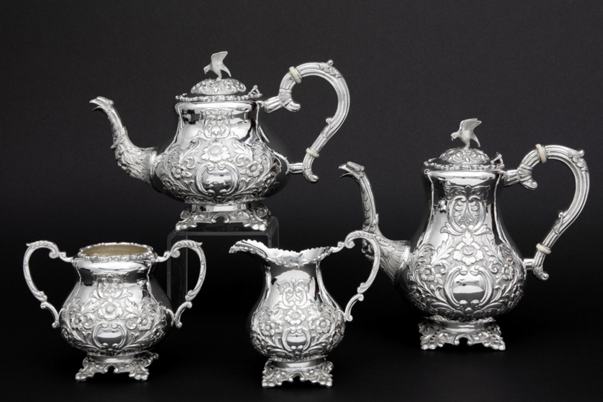 4pc Regency style coffee and teaset in marked silver || Vierdelig koffie- en theestel met Regency-