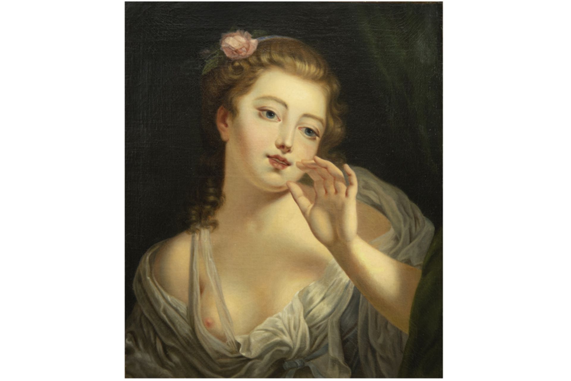 antique, presumably French, oil on canvas in the style/after Jean-Baptiste Greuze || Antiek, allicht