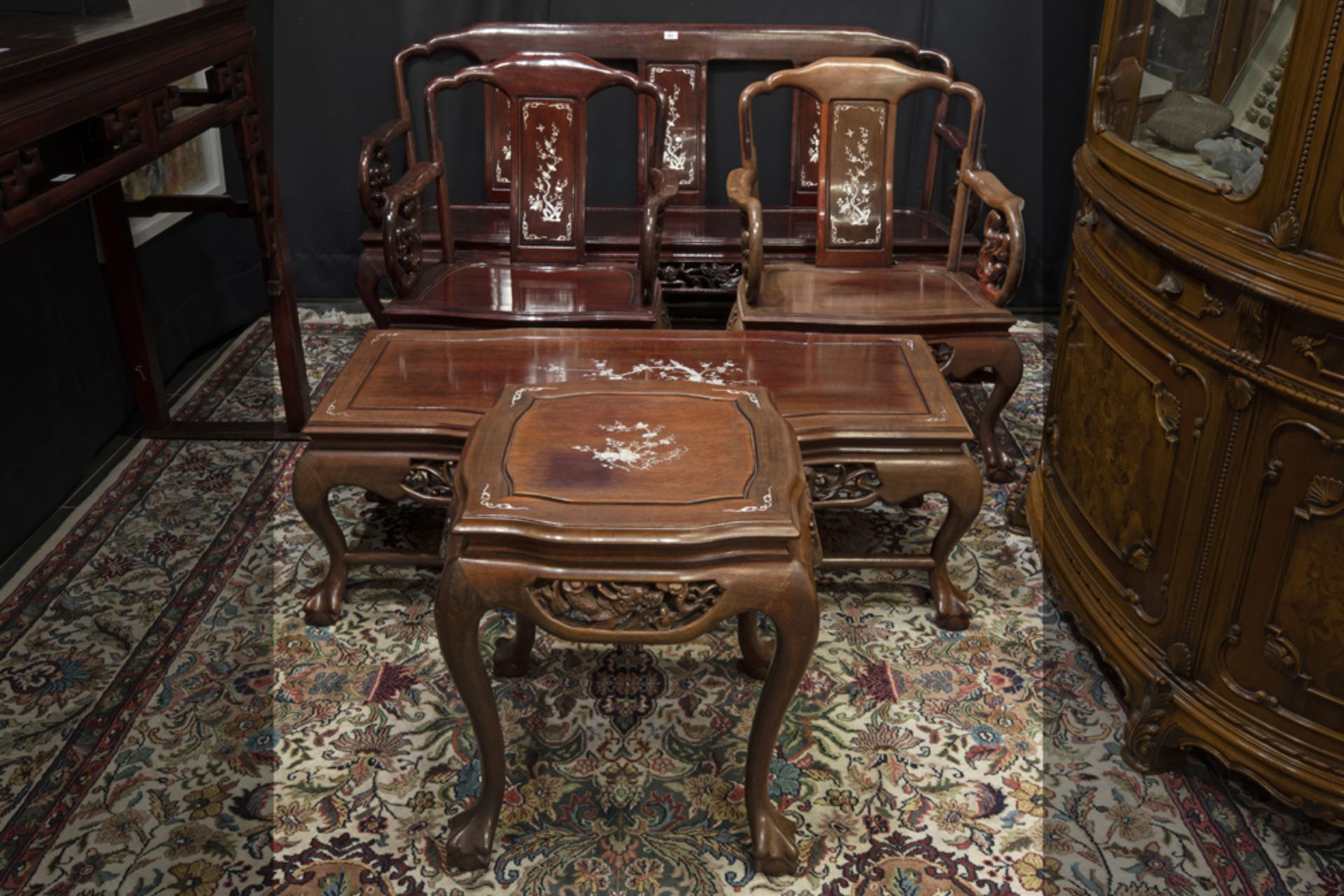 5pc 'Chinese' salon suite in rose-wood with inlay in mother of pearl and with sculpted ornamentation