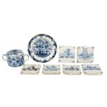 several items in 18th Cent. ceramic from Delft with blue-white decor : tiles, dish and lidded pot ||