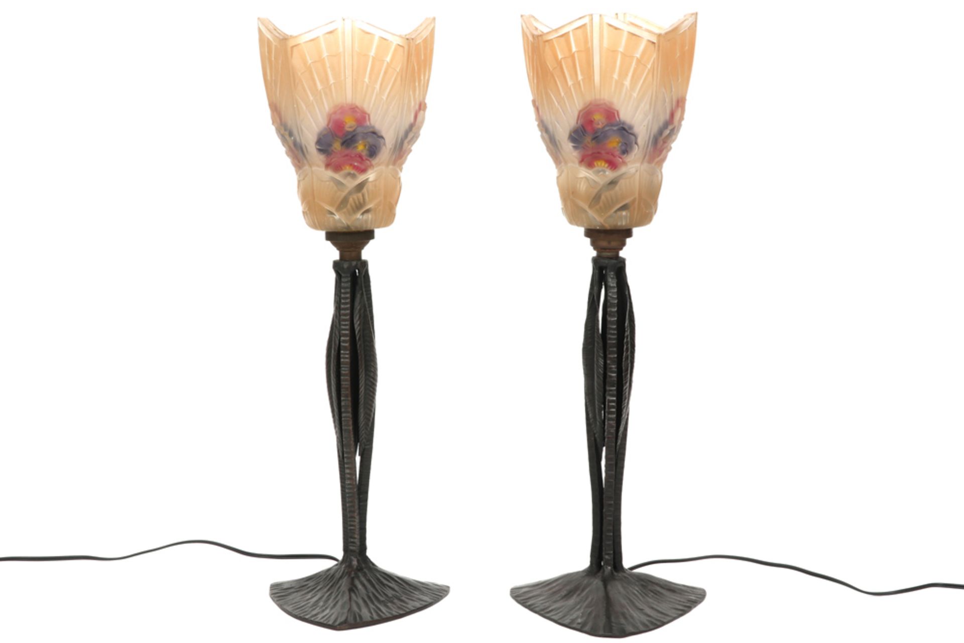 rare pair of typical "Robert" Art Deco lamps in wrought iron (of which one is marked) and