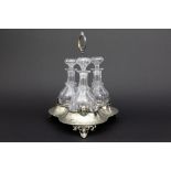 antique English set of three decanters in crystal in a holder in Sheffield marked EP-silver ||