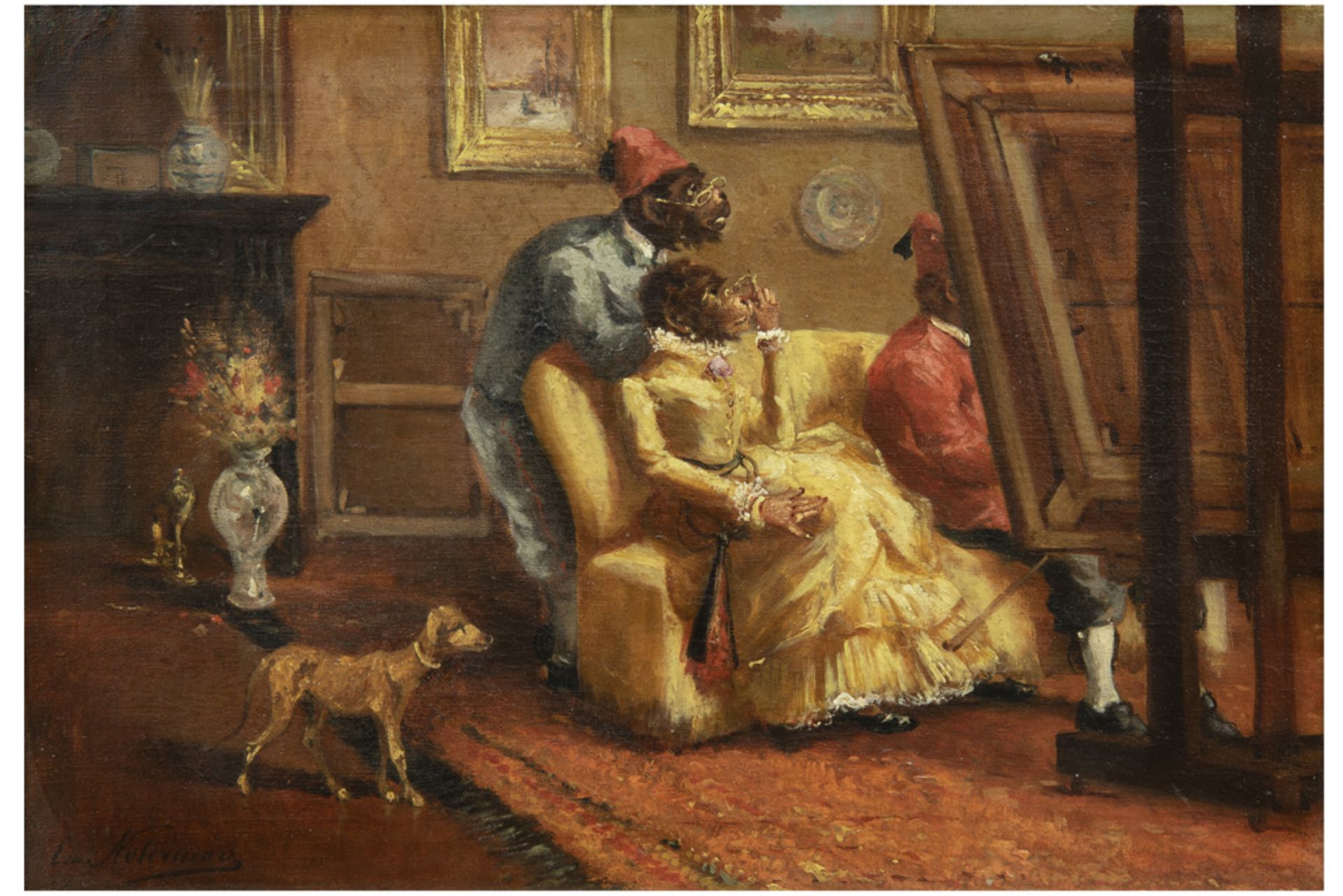 19th Cent. Belgian oil on canvas with a typical satirical theme with monkeys - signed Emmanuel