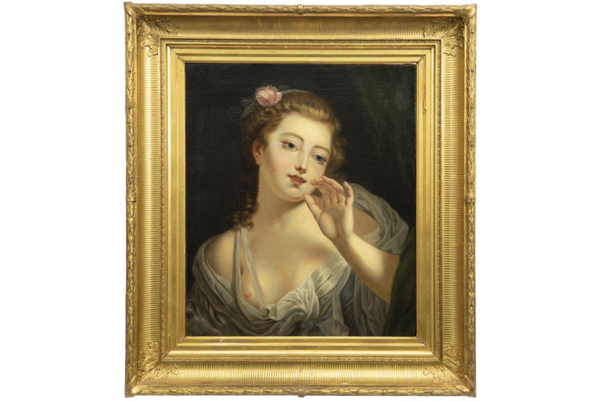 antique, presumably French, oil on canvas in the style/after Jean-Baptiste Greuze || Antiek, allicht - Bild 2 aus 3